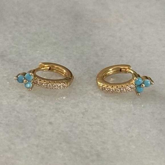 Gold Crystal Pave Flower Turquoise Huggie Hoop Earrings Brand New